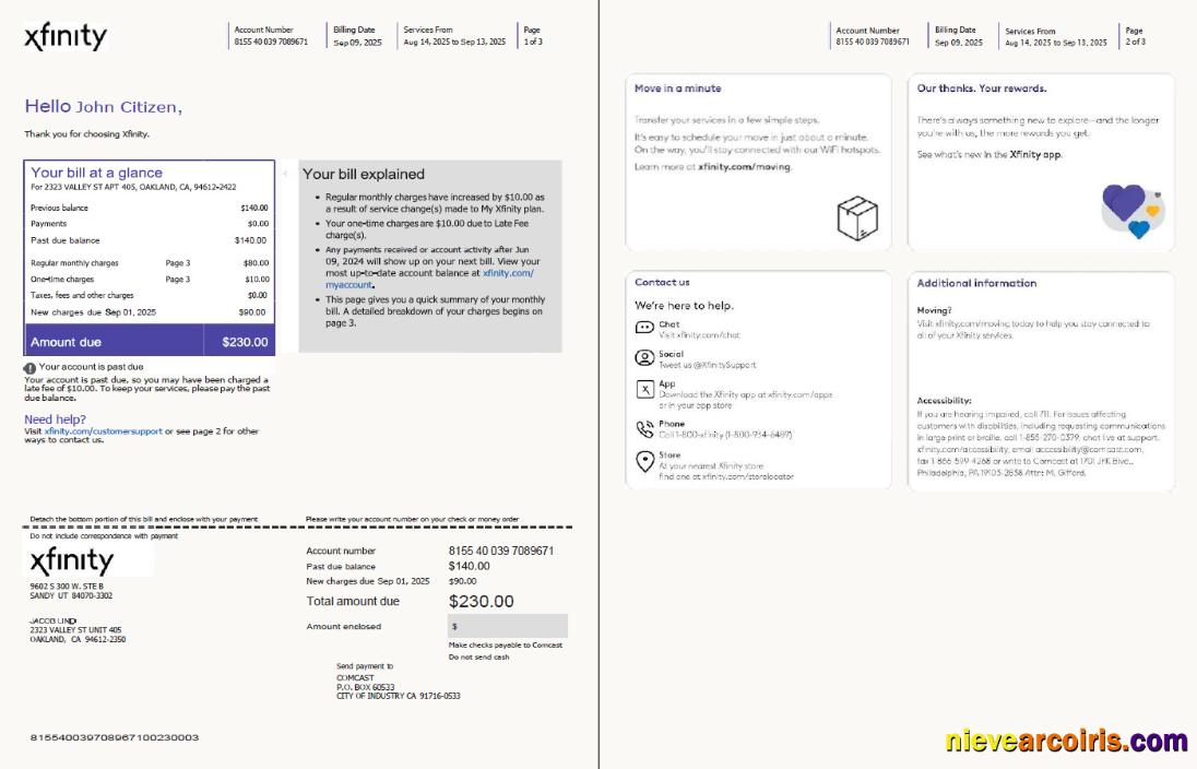 USA Xfinity utility bill, 3 pages, version 3, 1-2 pages